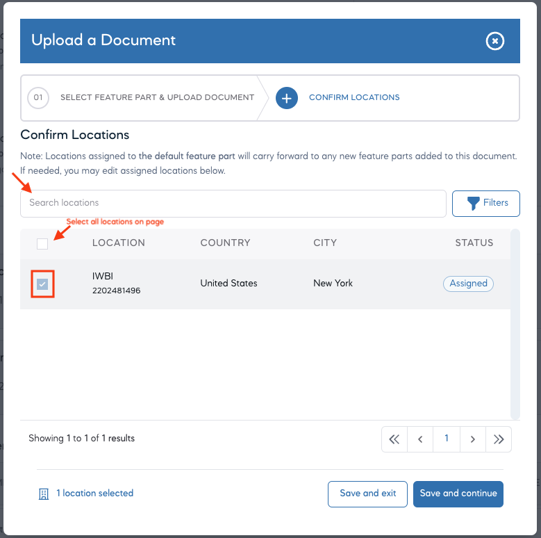 A screenshot showing the search locations and select all locations button on the upload document page